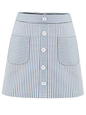 Romwe Buttoned Pocket Front Striped A-line Skirt - Blue