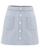 Romwe Buttoned Pocket Front Striped A-line Skirt - Blue