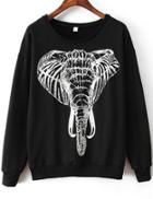 Romwe Elephant Print Black Sweatshirt