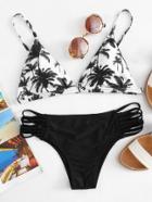 Romwe Ladder Cut Palm Print Bikini Set