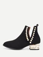 Romwe Faux Pearl Block Heeled Ankle Boots