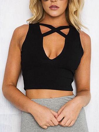 Romwe Crisscross Plunge Neck Crop Tank Top - Black