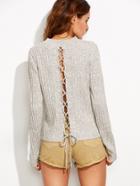 Romwe Grey Marled Knit Lace Up Back Ribbed Sweater