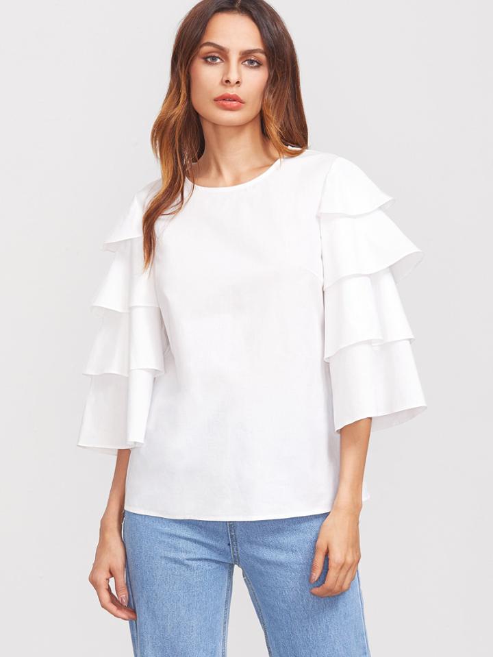 Romwe Layered Bell Sleeve Buttoned Keyhole Back Blouse