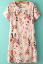 Romwe Pink Short Sleeve Floral Straight Dress