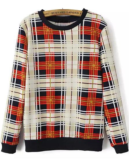 Romwe Multicolor Plaid Long Sleeve Sweatshirt