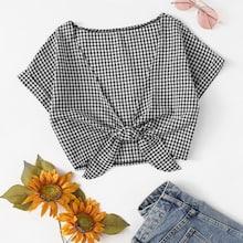 Romwe Knot Front Plaid Blouse