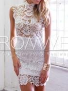Romwe Beige Mock Neck Lace Embroidered Sexy Dress