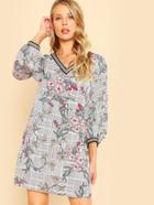 Romwe Mixed Print Striped Cuff And Neck Dress