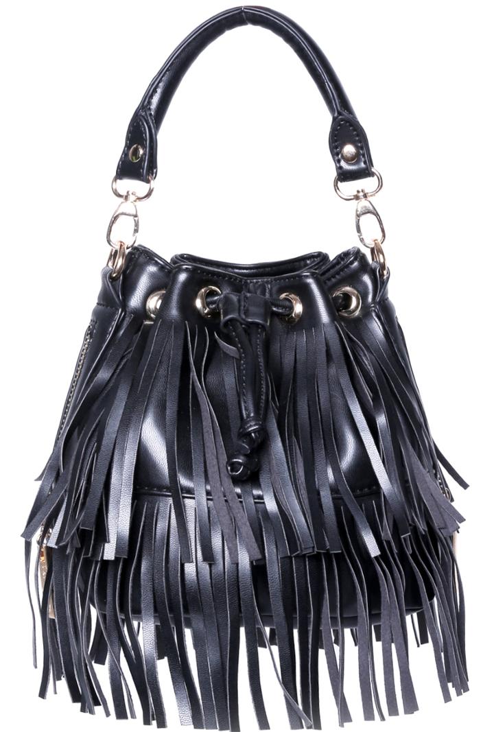 Romwe Black With Tassel Drawstring Shoulder Bag