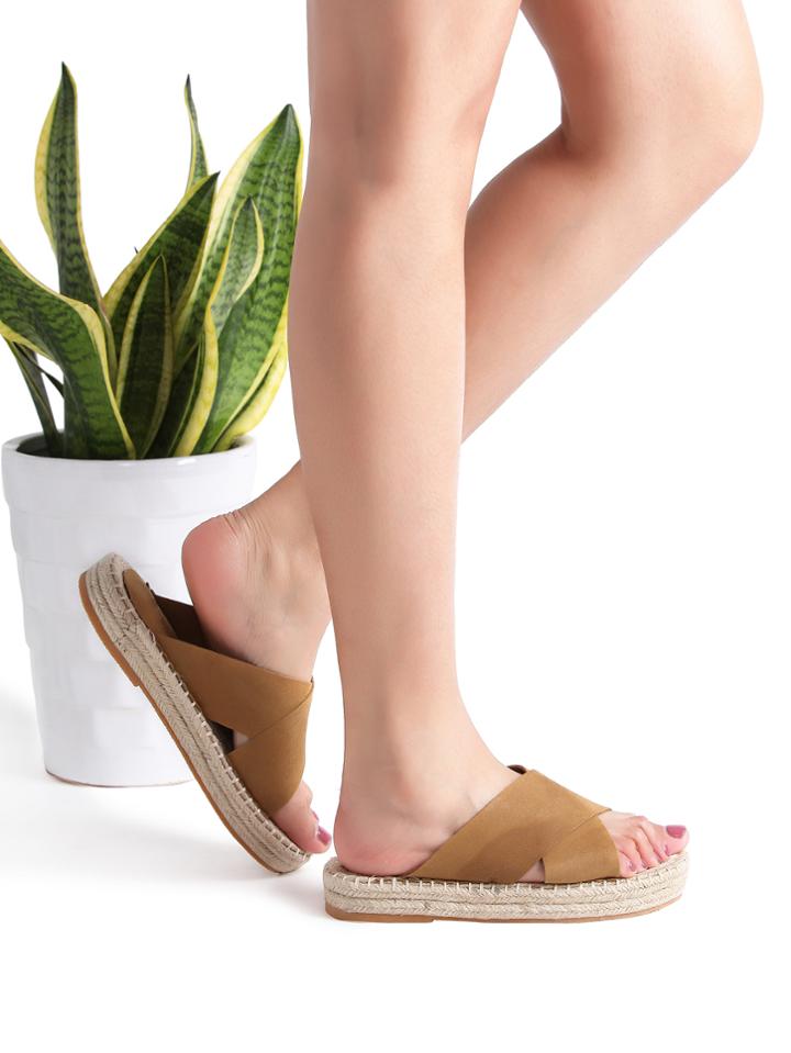 Romwe Brown Open Toe Cross Design Slippers