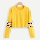 Romwe Plaid Sleeve Round Neck Tee
