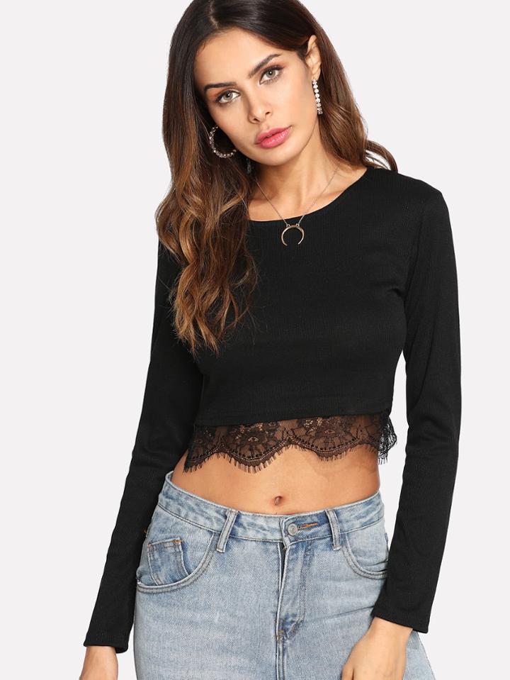 Romwe Lace Hem Crop Tee