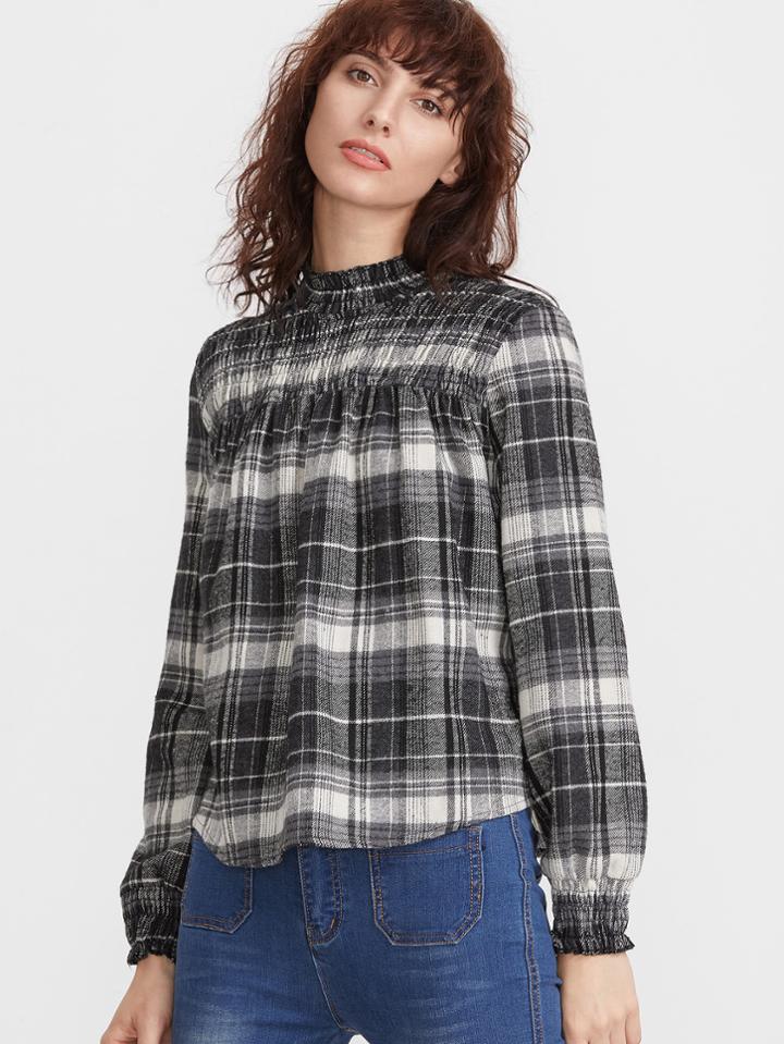 Romwe Black And White Plaid Ruffle Neck Pleated Blouse