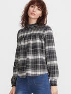 Romwe Black And White Plaid Ruffle Neck Pleated Blouse