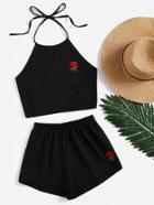 Romwe Rose Embroidered Tie Back Halter Top And Shorts Co-ord