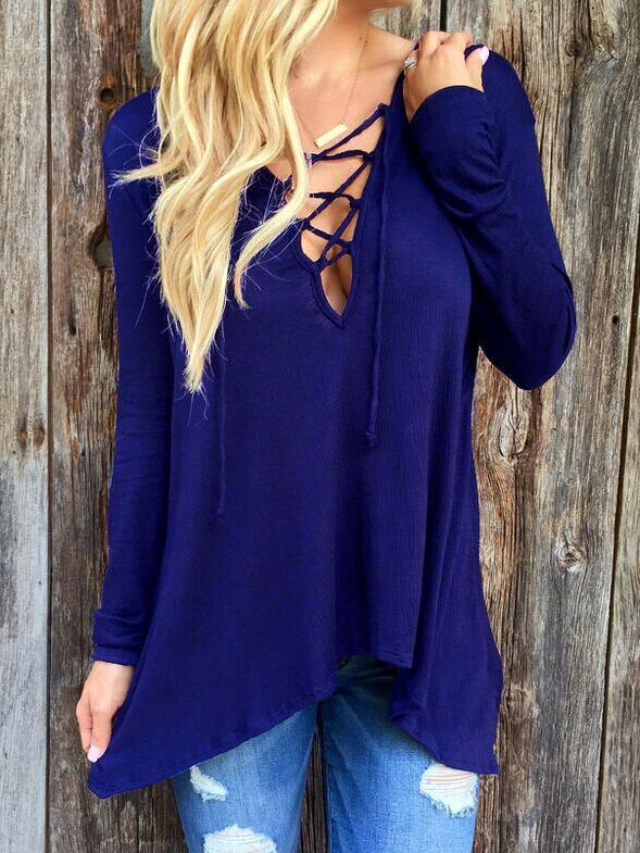 Romwe Deep V Neck Lace Up Royal Blue T-shirt