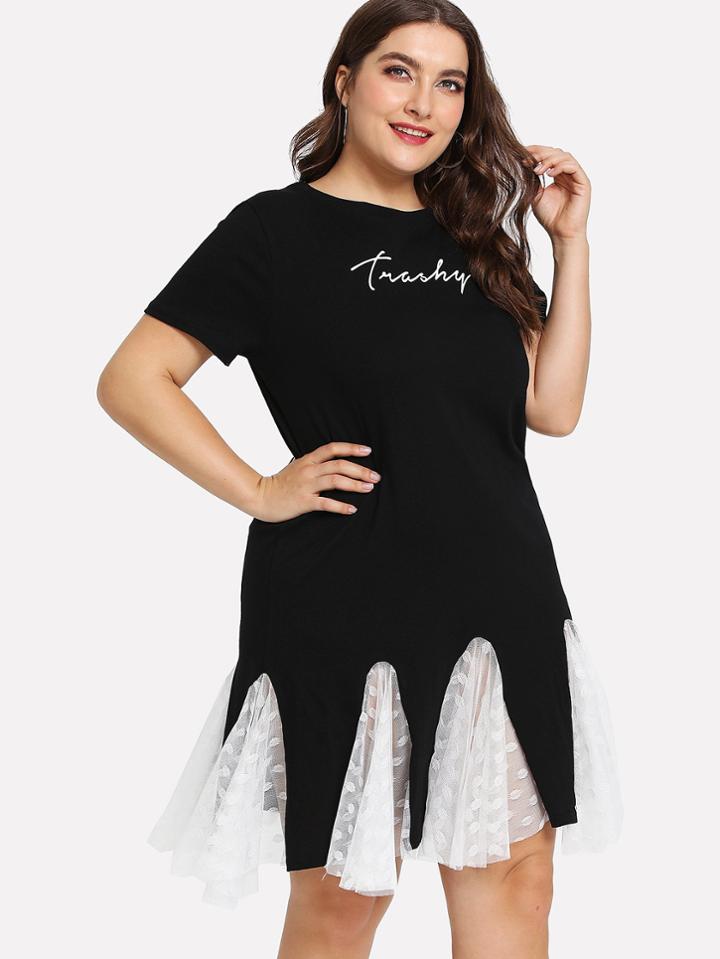 Romwe Letter Print Sheer Mesh Panel Dress