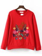 Romwe Red Rose Embroidered Loose Sweatshirt