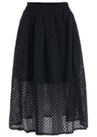 Romwe Elastic Waist Hollow Pleated Black Skirt
