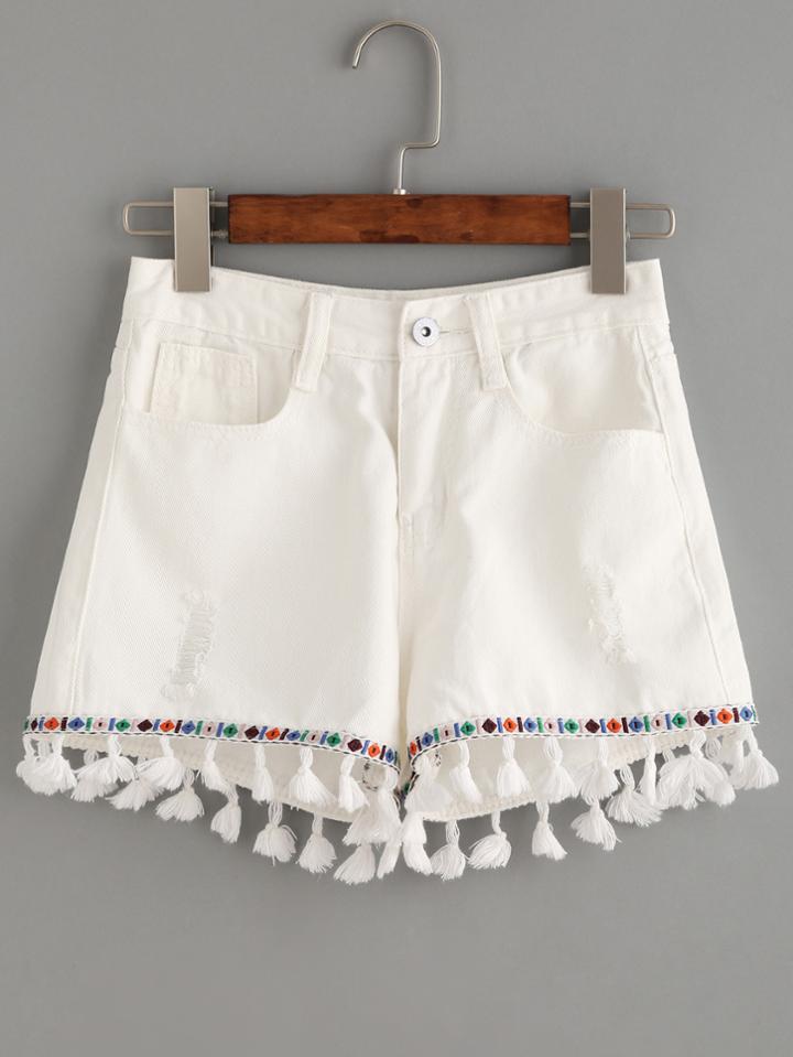 Romwe White Denim Shorts With Embroidered Tape And Tassel Detail