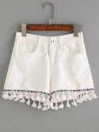 Romwe White Denim Shorts With Embroidered Tape And Tassel Detail