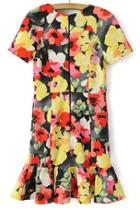 Romwe Short Sleeve Floral Print Pleated Dress