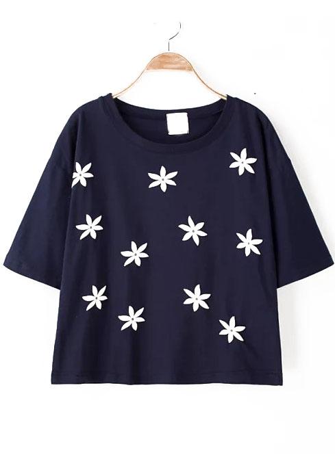 Romwe Flower Applique Navy T-shirt