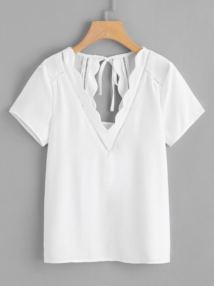 Romwe Ladder Lace Detail Scallop Neck Top