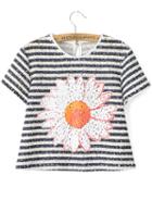 Romwe Striped Hollow Black T-shirt