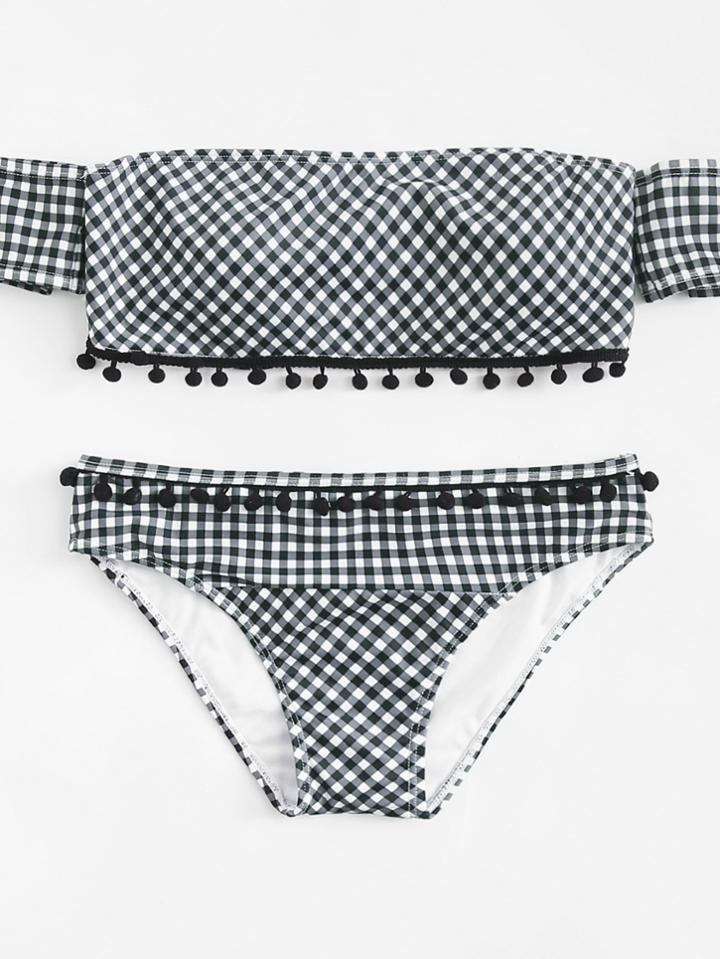 Romwe Pompom Embellished Plaid Bardot Bikini Set