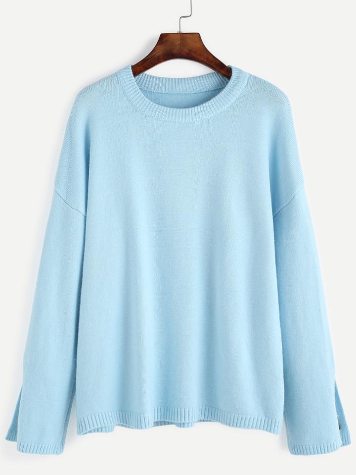 Romwe Blue Dropped Shoulder Seam Split Cuff Sweater