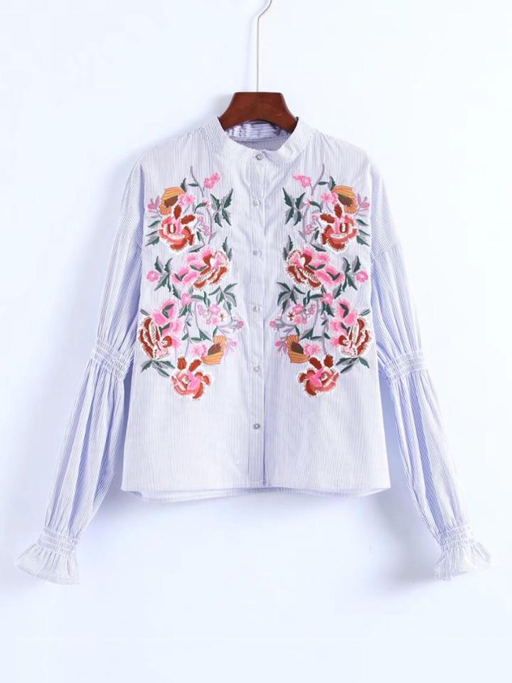 Romwe Embroidered Flower Striped Blouse