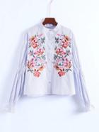 Romwe Embroidered Flower Striped Blouse
