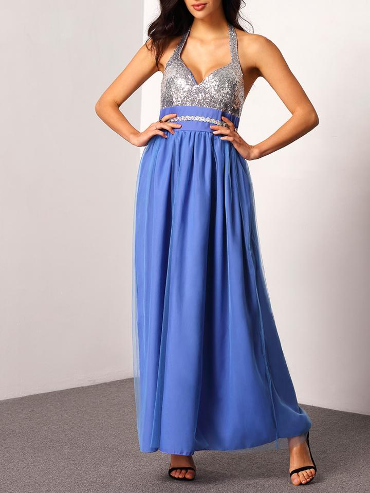 Romwe Halter Backless Sequined Prom Dress