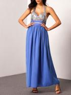 Romwe Halter Backless Sequined Prom Dress