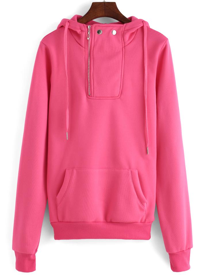 Romwe Hooded Zipper Pockets Rose Red Sweatshirt