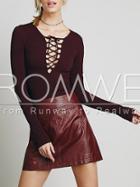 Romwe Wine Red Long Sleeve Lace Up T-shirt