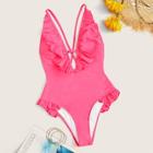 Romwe Neon Pink Ruffle Criss Cross Backless One Piece Swimwear