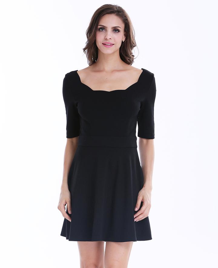 Romwe Black Half Sleeve Backless Pleated Dress