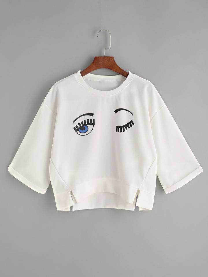 Romwe White Eyes Print High Low Slit Side T-shirt