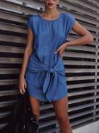 Romwe Blue Self-tie High-low Denim Dress