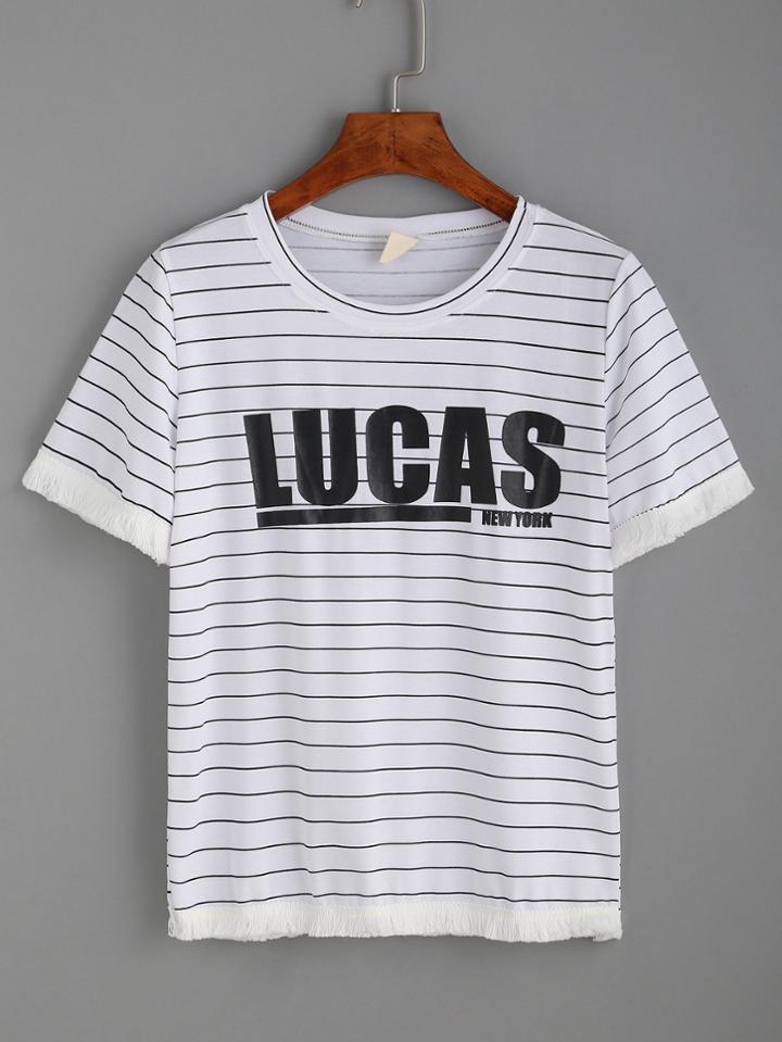 Romwe Tassel Trimmed Letters Print Striped T-shirt