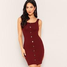 Romwe Button Front Rib-knit Bodycon Dress