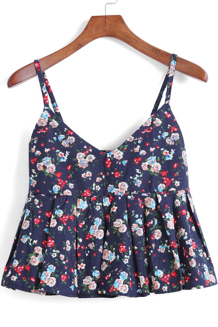 Romwe Blue Spaghetti Strap Floral Ruffle Cami Top