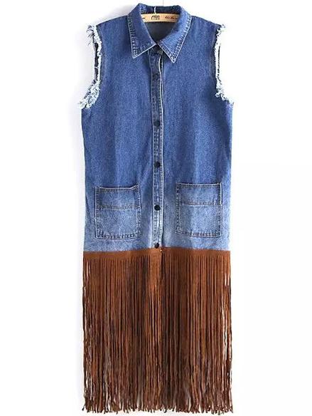 Romwe Lapel Frayed Tassel Denim Vest