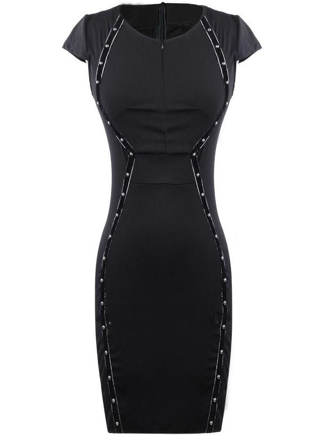 Romwe Black Cap Sleeve Studed Pencil Dress With Zipper