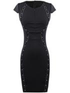 Romwe Black Cap Sleeve Studed Pencil Dress With Zipper