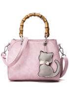 Romwe Bamboo Handle Tote Bag With Cat Bag Charm - Pink