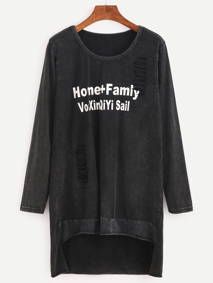 Romwe Black Letter Print Ripped High Low Long T-shirt